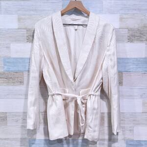 H&M Floral Jacquard Tie Waist Blazer Cream Lined Pockets One Button Womens US 12